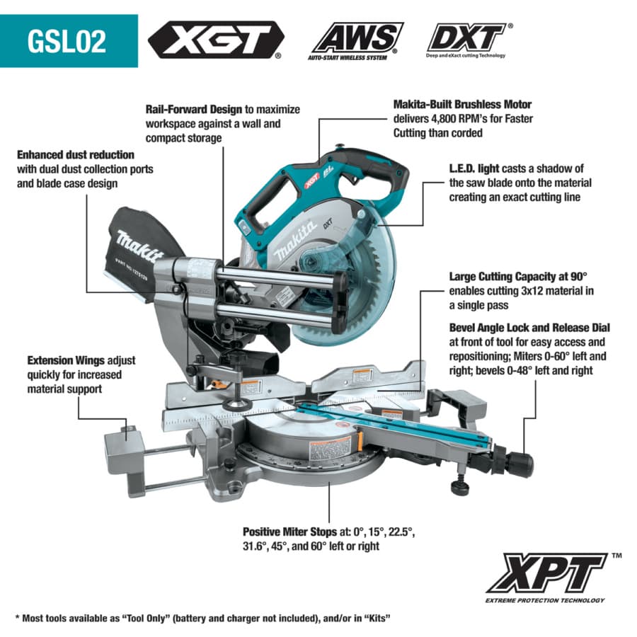 Makita 8-1/2" Compound Sliding Miter Saw 5/8" Arbor 40V max XGT® Lithium-Ion Cordless Brushless Motor, Bare Tool, GSL02Z, detail 1