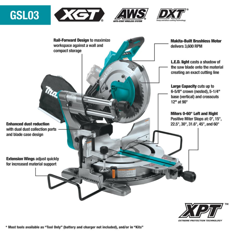 Makita 10" Compound Sliding Miter Saw 5/8" Arbor 40V max XGT® Lithium-Ion Cordless Brushless Motor, Bare Tool - GSL03Z, detail 1