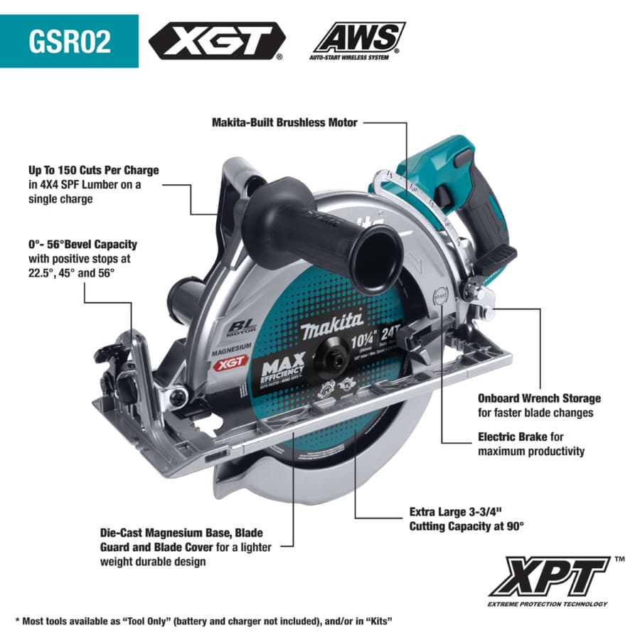 Makita 10-1/4" Circular Saw 5/8" Arbor with 40V max XGT® Lithium-Ion Cordless Brushless Motor, Bare Tool, Rear handle, GSR02Z, detail 1