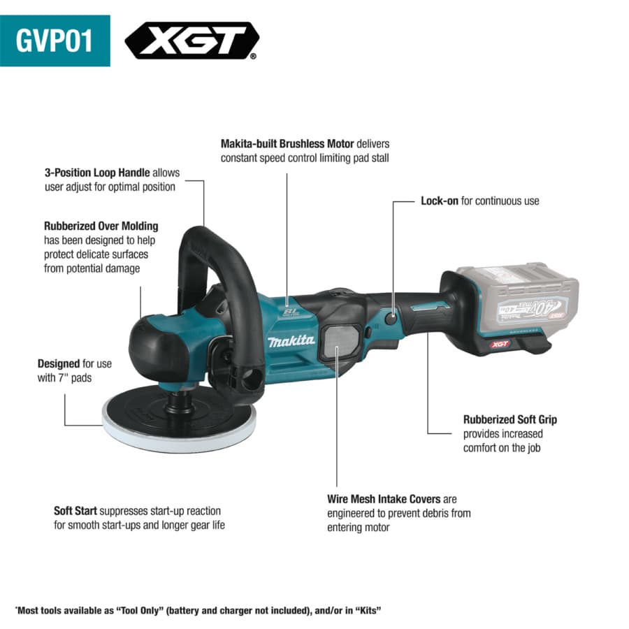 Makita Polisher 40V max XGT® Lithium-Ion Cordless Brushless Motor with 7" Pad, Bare Tool, GVP01Z, detail 1