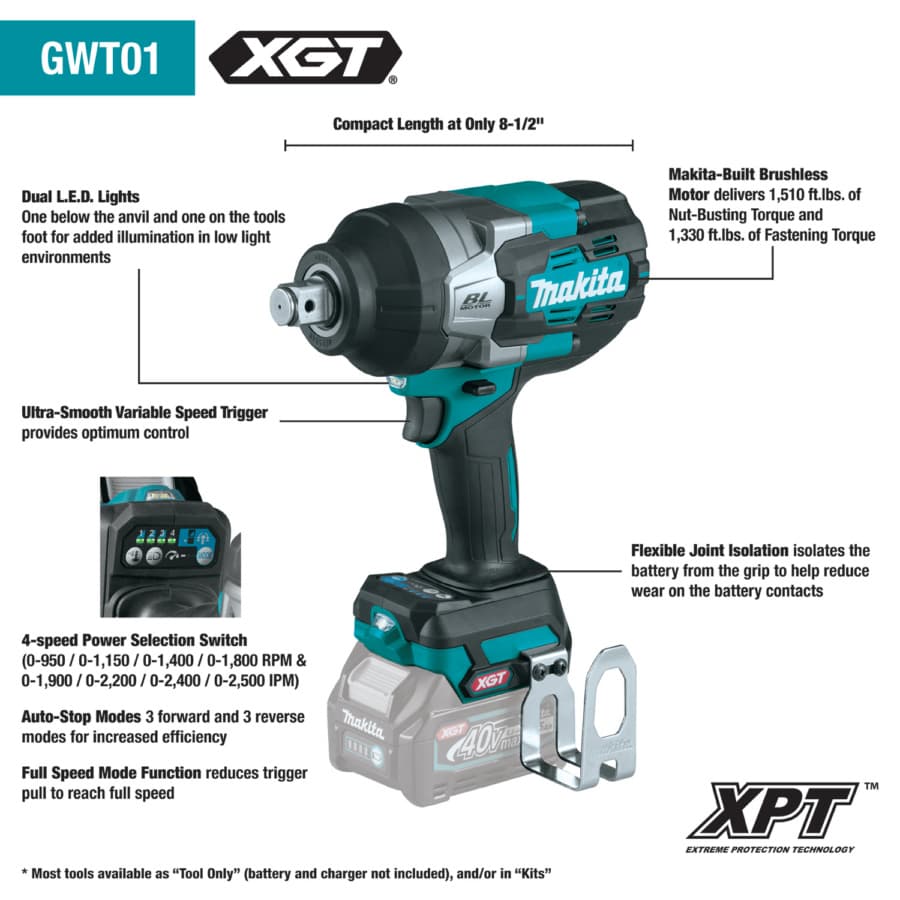 Makita Impact Wrench 3/4" 40V max XGT® Lithium-Ion Cordless Brushless Motor, 1330 lbf.ft of Torque, Bare Tool, GWT01Z, detail 1