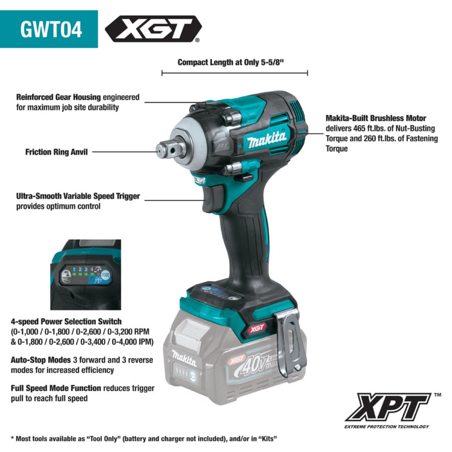 Makita Impact Wrench 1/2" 40V max XGT® Lithium-Ion Cordless Brushless Motor, 260 lbf.ft of Torque, Bare Tool, GWT04Z, detail 1