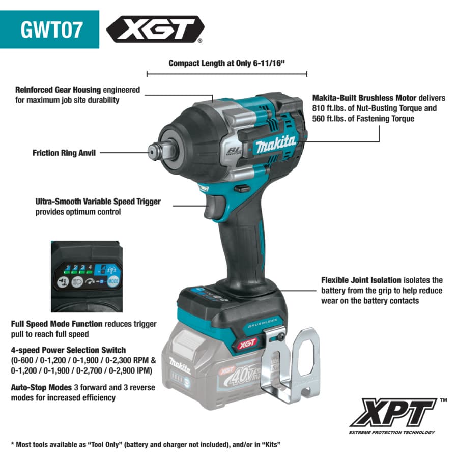 Makita Impact Wrench 1/2" 40V max XGT® Lithium-Ion Cordless Brushless Motor, 560 lbf.ft of Torque, Bare Tool, GWT07Z, detail 1
