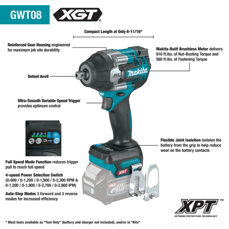 Makita Impact Wrench 1/2" 40V max XGT® Lithium-Ion Cordless Brushless Motor, 560 lbf.ft of Torque, Bare Tool, GWT08Z, detail 1