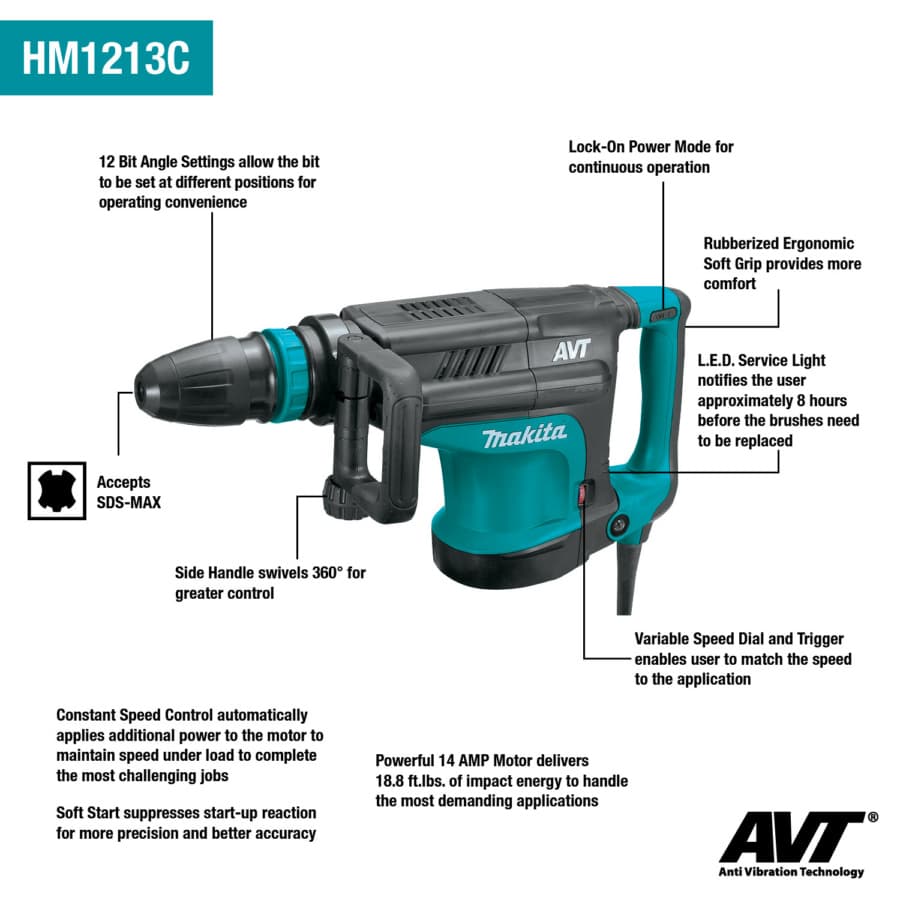 Makita SDS-MAX AVT Demolition Hammer 14A Corded Motor 102 dB, With Vibration Control and LED Work Light, - HM1213C, detail 2