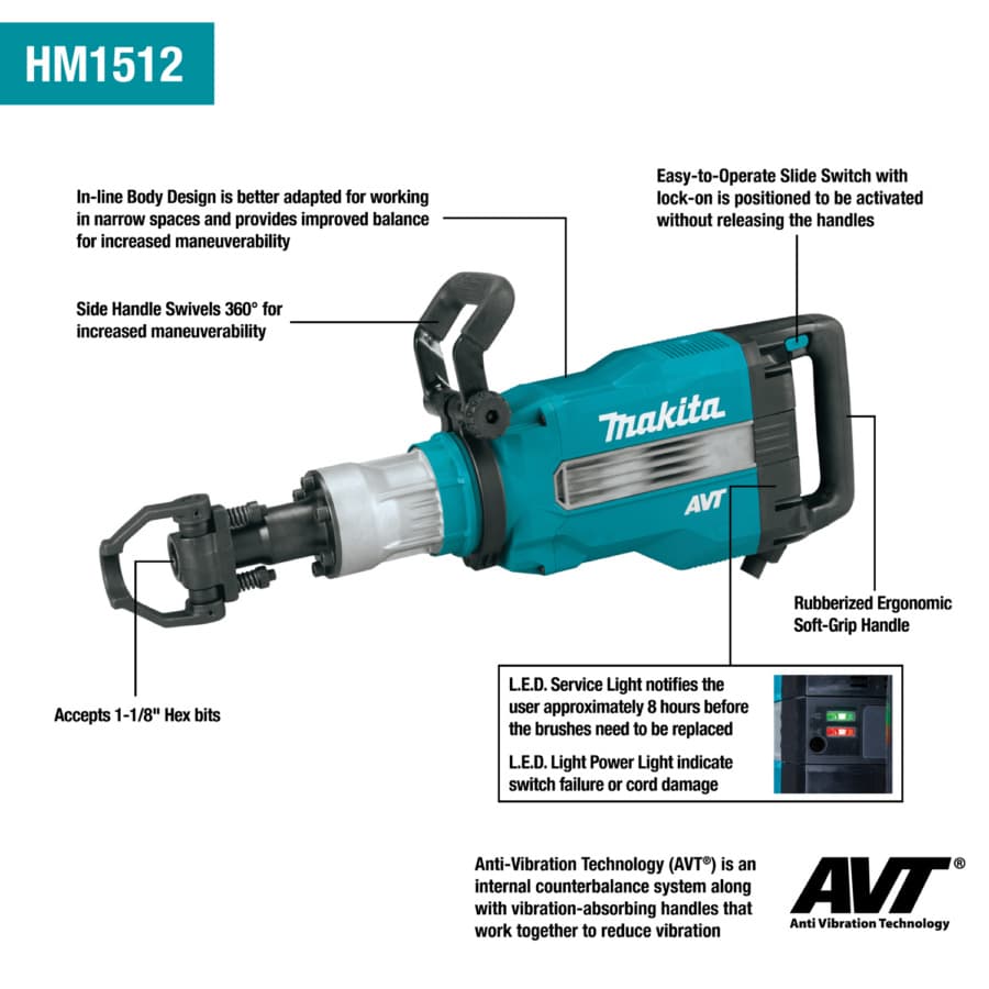 Makita AVT Demolition Hammer 15A Corded Motor 106 dB, and LED Work Light, - HM1512, detail 1