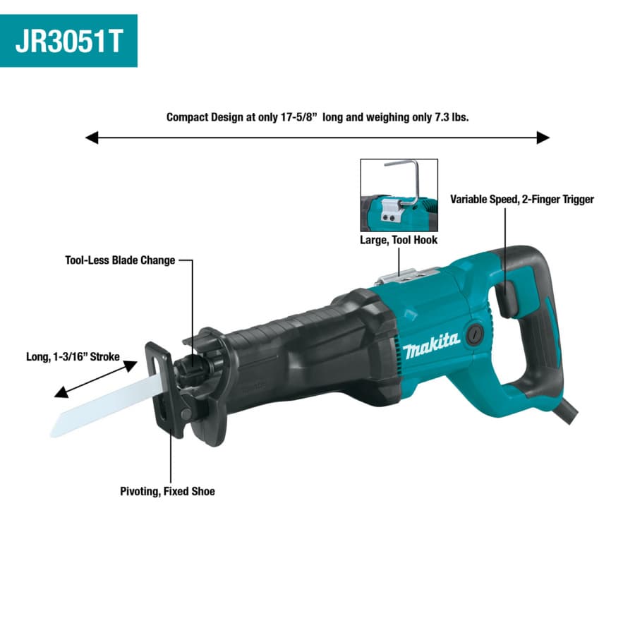 Makita Reciprocating Saw 12A Corded Motor Tool-Less Blade Change, - JR3051T, detail 1