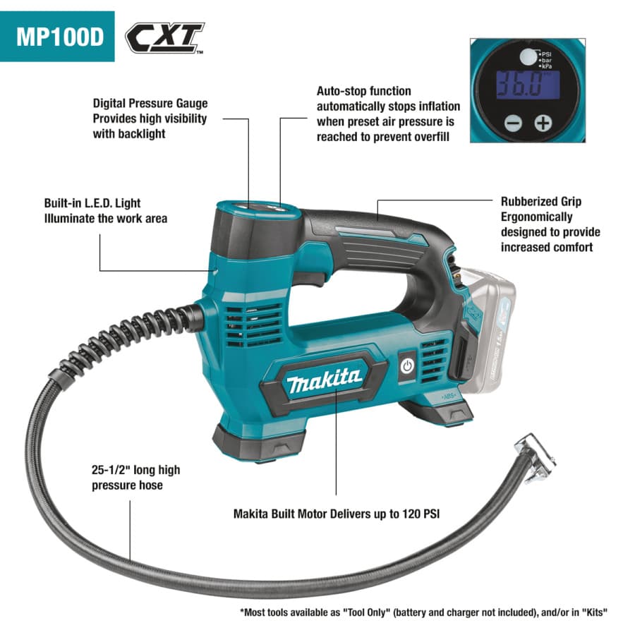 Makita Inflator 12V max CXT® Lithium-Ion Cordless, 120 psi, MP100DZ, detail 1