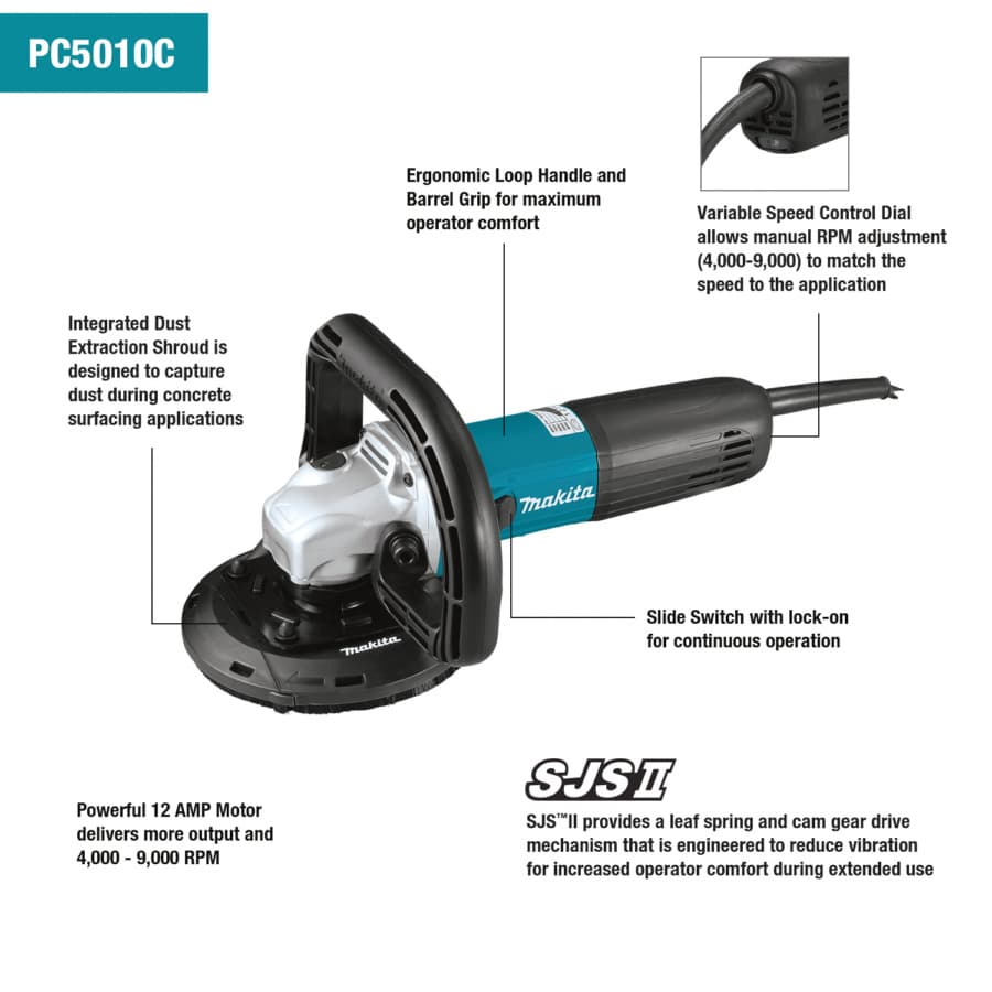Makita 5" Compact Concrete Planer with Dust Extraction Shroud/Diamond Cup Wheel, detail 2