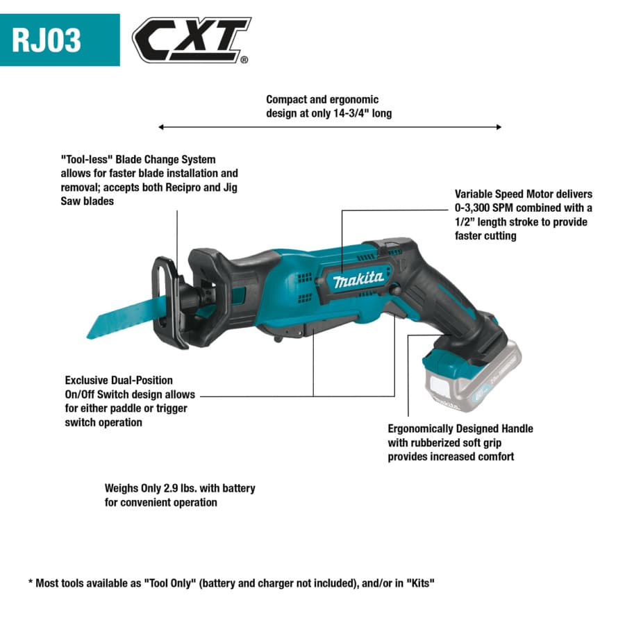 Makita Reciprocating Saw 12V max CXT® Lithium-Ion Cordless Motor Tool-Less Blade Change with LED Light, Bare Tool, RJ03Z, detail 1