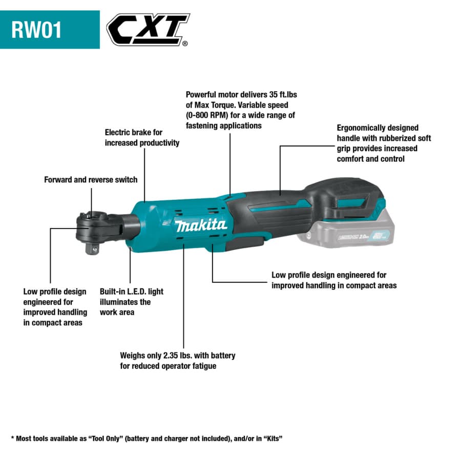 Makita Ratchet 3/8" 12V max CXT® Lithium-Ion Cordless, 35 lbf.ft of Torque, 2.0 Ah Battery Included, RW01Z, detail 1