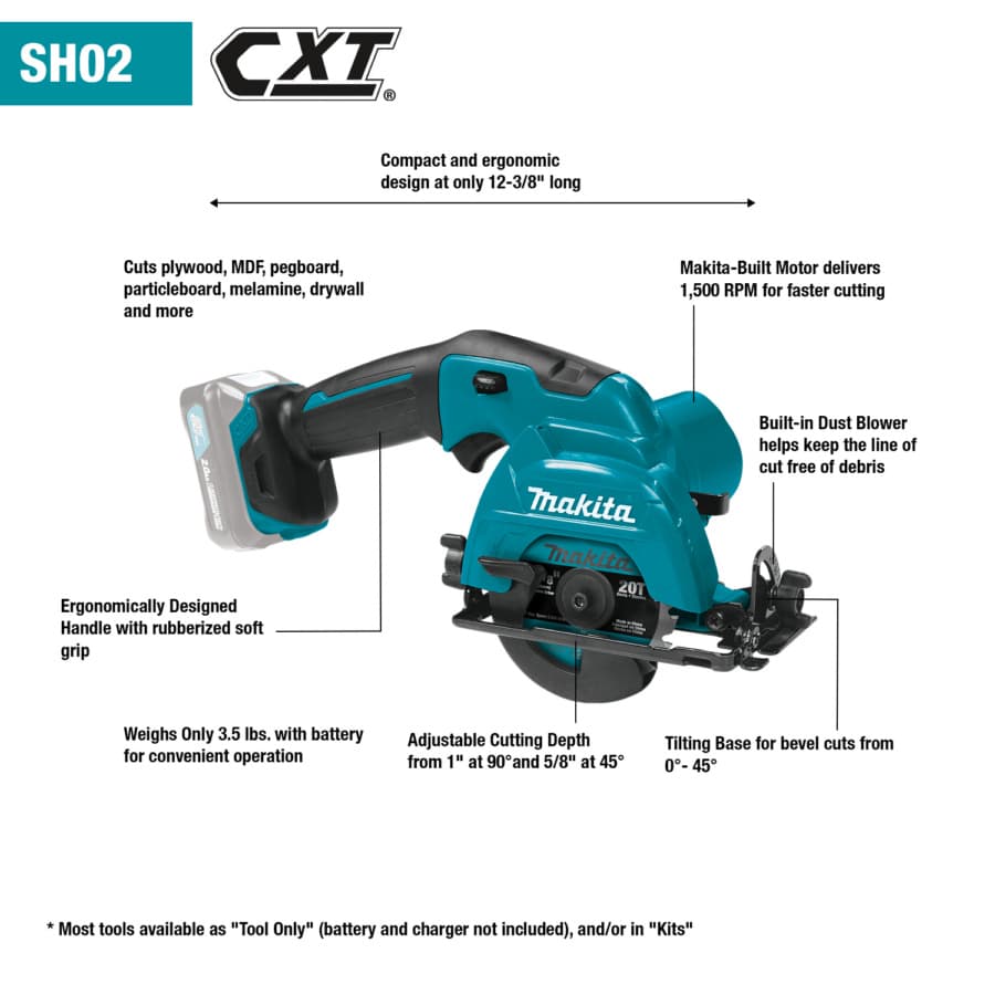 Makita 3-3/8" Circular Saw 15 mm with 12V max CXT® Lithium-Ion Cordless , 2.0 Ah Battery Included, - SH02R1, detail 2
