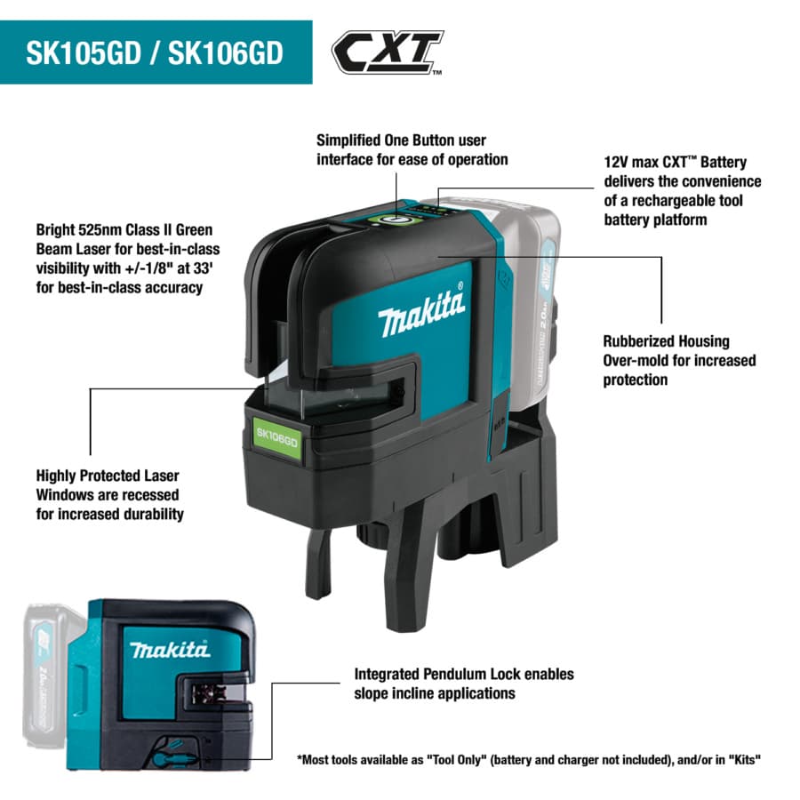 Makita 12 V Max CXT Lithium-Ion Cordless Self-Leveling Cross-Line Green Beam Laser Tool Only, detail 2