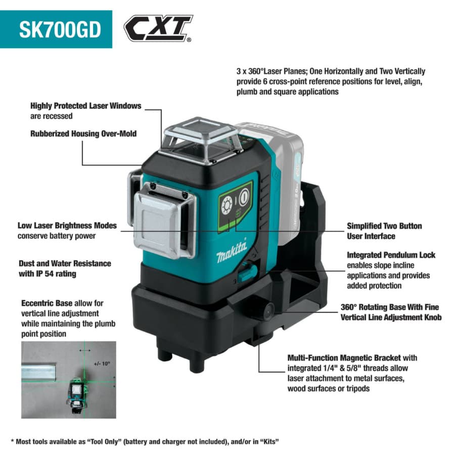 Makita 12 V max CXT Lithium-Ion Cordless Self-Leveling 360° 3-Plane Green Laser Tool Only, detail 2