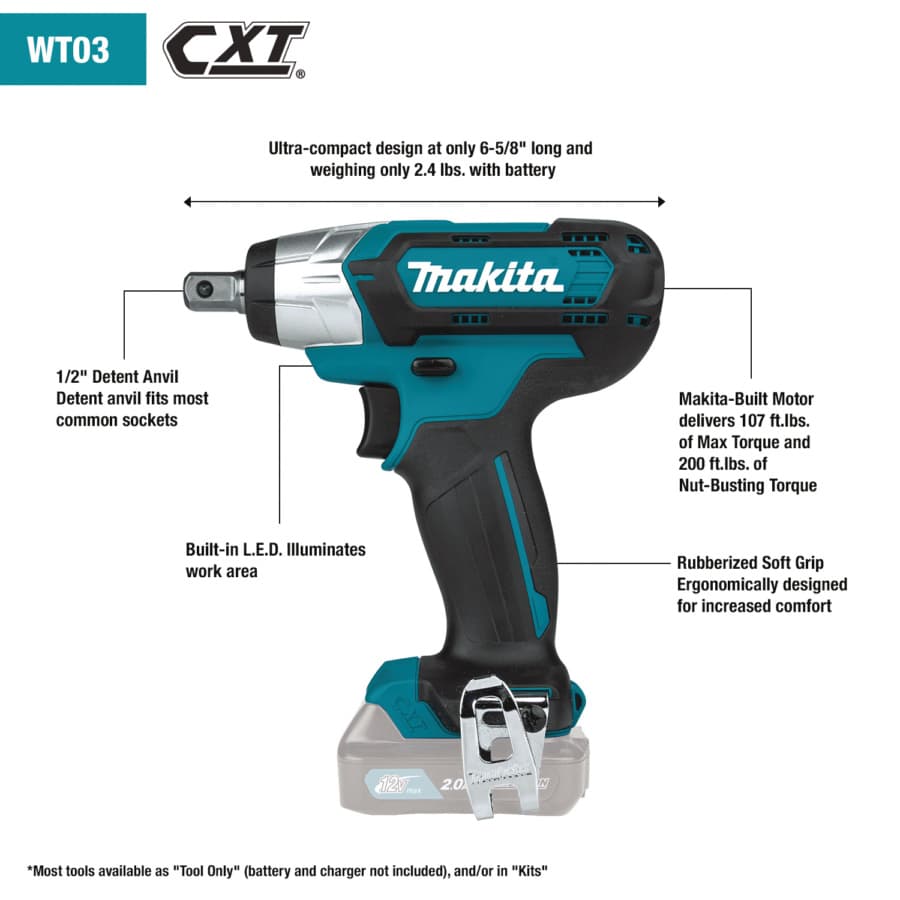 Makita Impact Wrench 1/2" 12V max CXT® Lithium-Ion Cordless, 107 lbf.ft of Torque, Bare Tool, WT03Z, detail 1