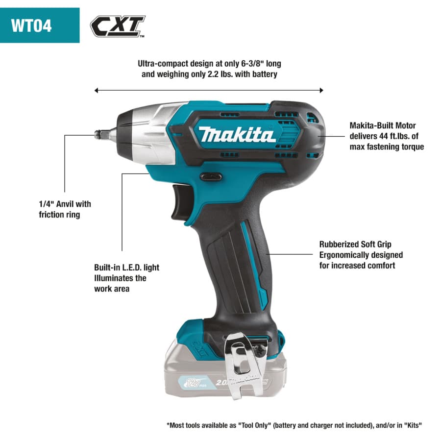 Makita Impact Wrench 1/4" 12V max CXT® Lithium-Ion Cordless, 44 lbf.ft of Torque, Bare Tool, WT04Z, detail 1