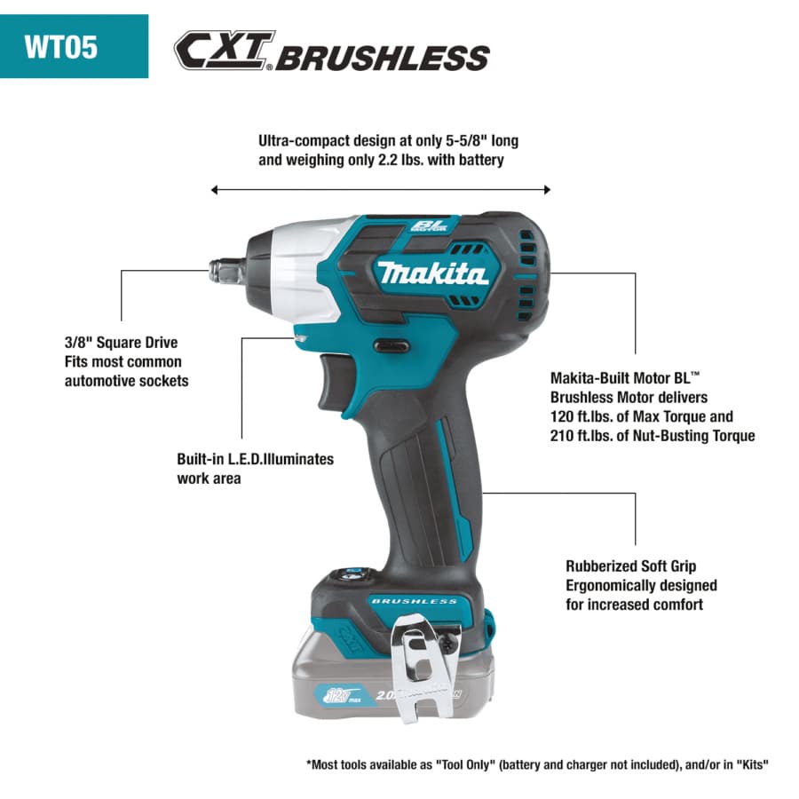 Makita Impact Wrench 1/2" 12V max CXT® Lithium-Ion Cordless Brushless Motor, 170 lbf.ft of Torque, Bare Tool, WT05Z, detail 1