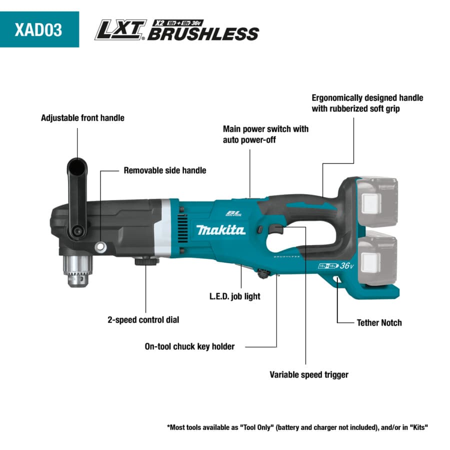 Makita Drill/Driver Right Angle 1/2" Hex Key Chuck 18V LXT® Lithium-Ion Cordless Brushless Motor, Bare Tool - XAD03Z, detail 1