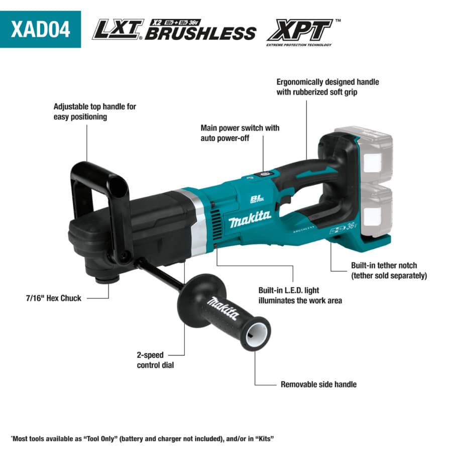 Makita Drill/Driver Right Angle 7/16" Keyless Chuck 18V LXT® Lithium-Ion Cordless Brushless Motor, Bare Tool - XAD04Z, detail 2