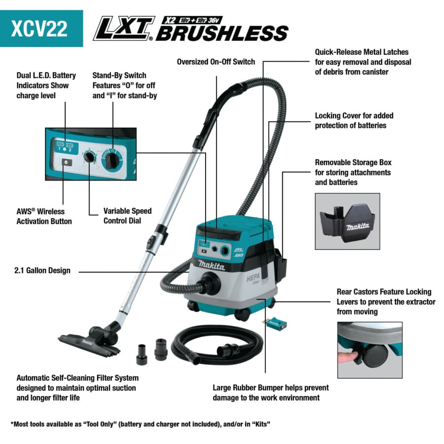 36V LXT Brushless 2.1 Gallon HEPA Filter Dry Dust Extractor/Vacuum Tool Only with AWS, detail 1