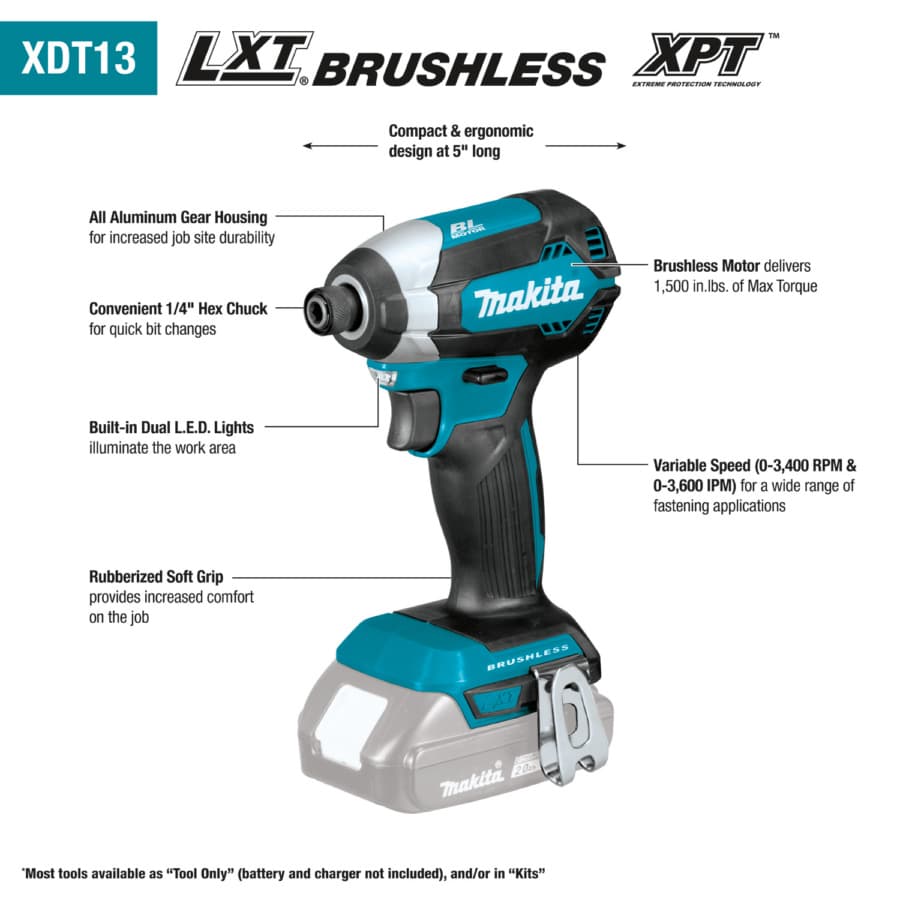 Makita Impact Driver 1/4" Keyless Chuck 18V LXT® Lithium-Ion Cordless Brushless Motor, 1500 lbf.in of Torque, Bare Tool - XDT13Z, detail 9