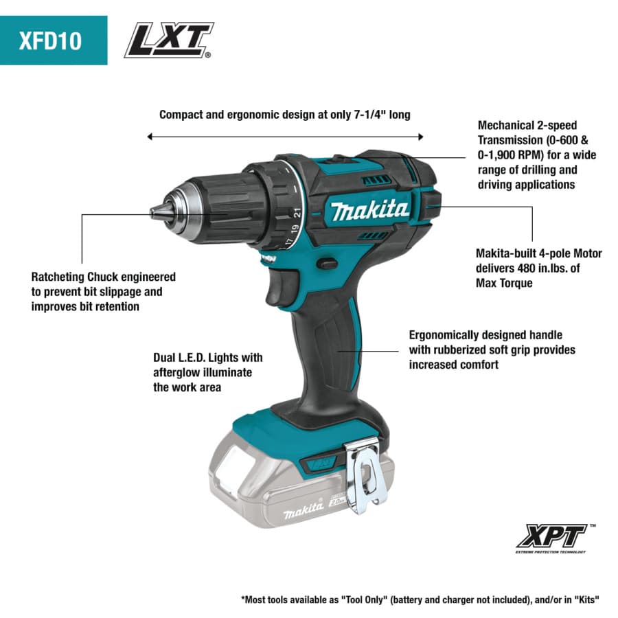 Makita Drill/Driver 1/2" Keyless Chuck 18V LXT® Lithium-Ion Cordless Brushed Motor, 480 lbf.in of Torque, 1.5 Ah Battery Included - XFD10SY, detail 2