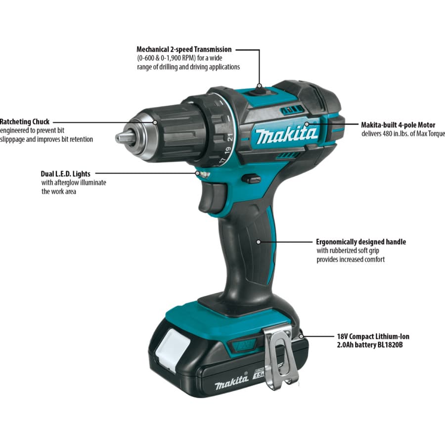 Makita Drill/Driver 1/2" Keyless Chuck 18V LXT® Lithium-Ion Cordless Brushed Motor, 480 lbf.in of Torque, 1.5 Ah Battery Included - XFD10SY, detail 3