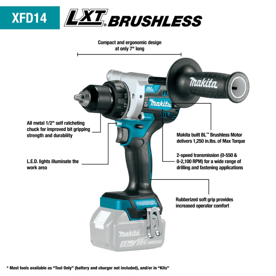 Makita Drill/Driver 1/2" Keyless Chuck 18V LXT® Lithium-Ion Cordless Brushless Motor, 1250 lbf.in of Torque, Bare Tool - XFD14Z, detail 1