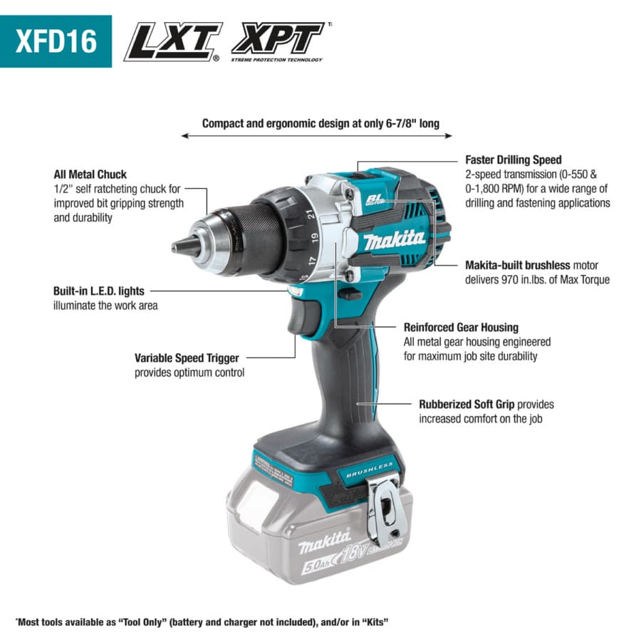 Makita Drill/Driver 1/2" Keyless Chuck 18V LXT® Lithium-Ion Cordless Brushless Motor, 970 lbf.in of Torque, 5.0 Ah Battery Included - XFD16T, detail 6