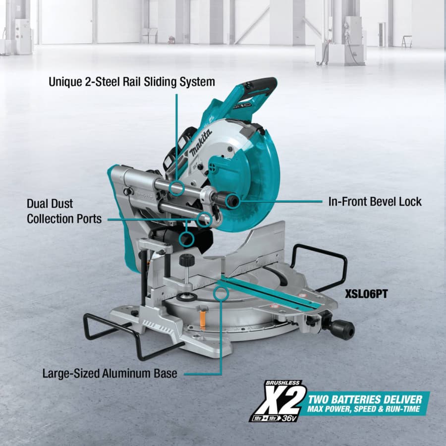 Makita 10" Compound Sliding Miter Saw 5/8" Arbor 18V LXT® Lithium-Ion Cordless Brushless Motor, 5.0 Ah Battery Included - XSL06PT, detail 2