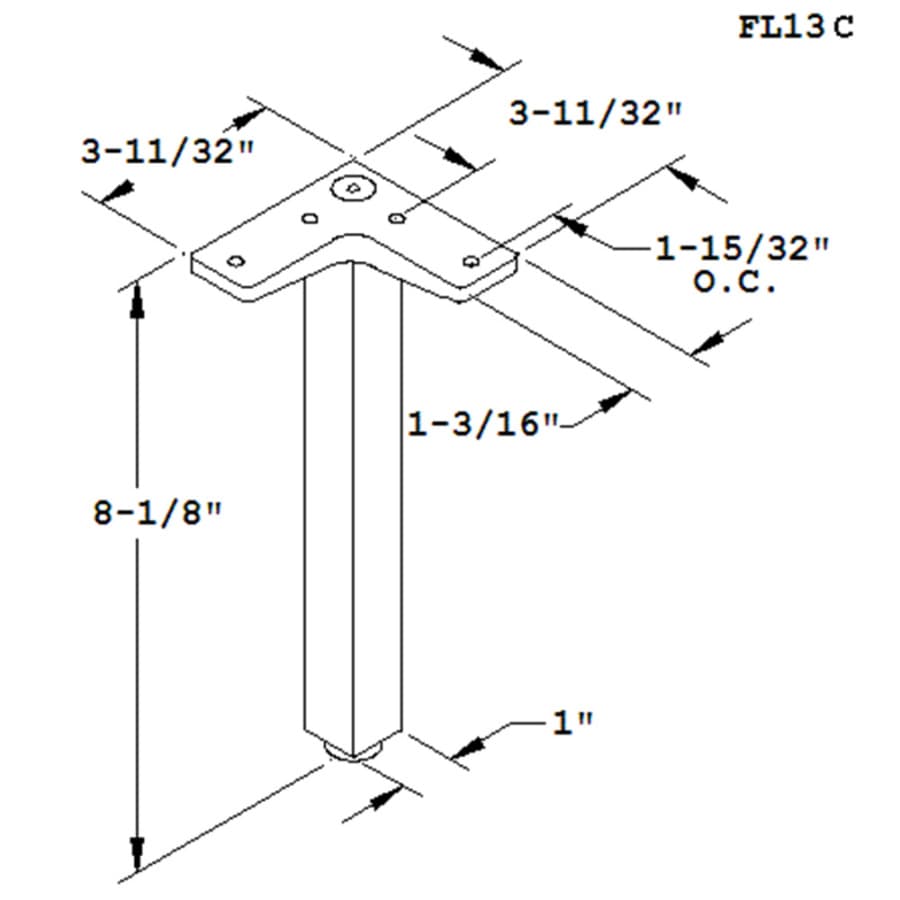 Mockett 1" Diameter x 8-1/8" High Corner Furniture Leg, Polished Aluminum, dimensions