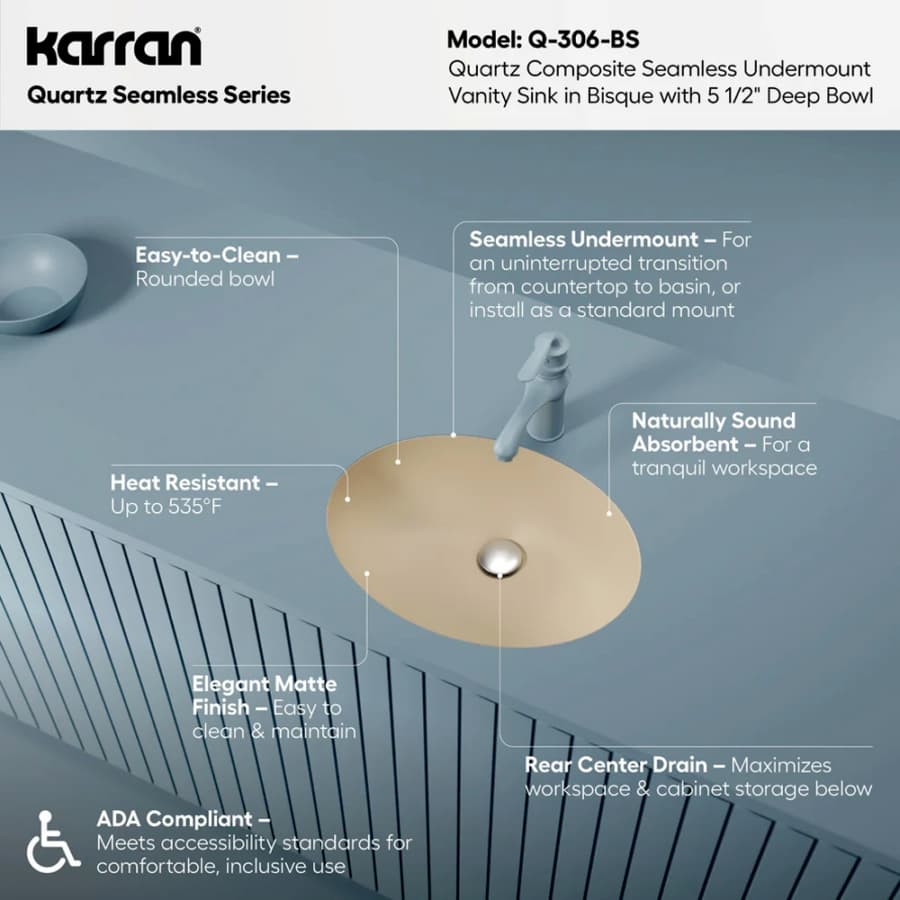 Karran Seamless 19" Single Bowl Quartz Vanity Sink, Undermount, Bisque, Q-306-BS, detail 4