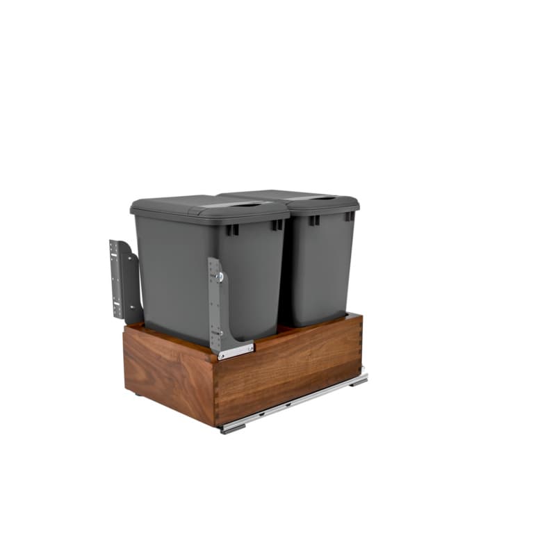 Double 50 QT Bottom-Mount Waste Container Pullout, Soft-Closing for 15" Cabinet Opening, Walnut