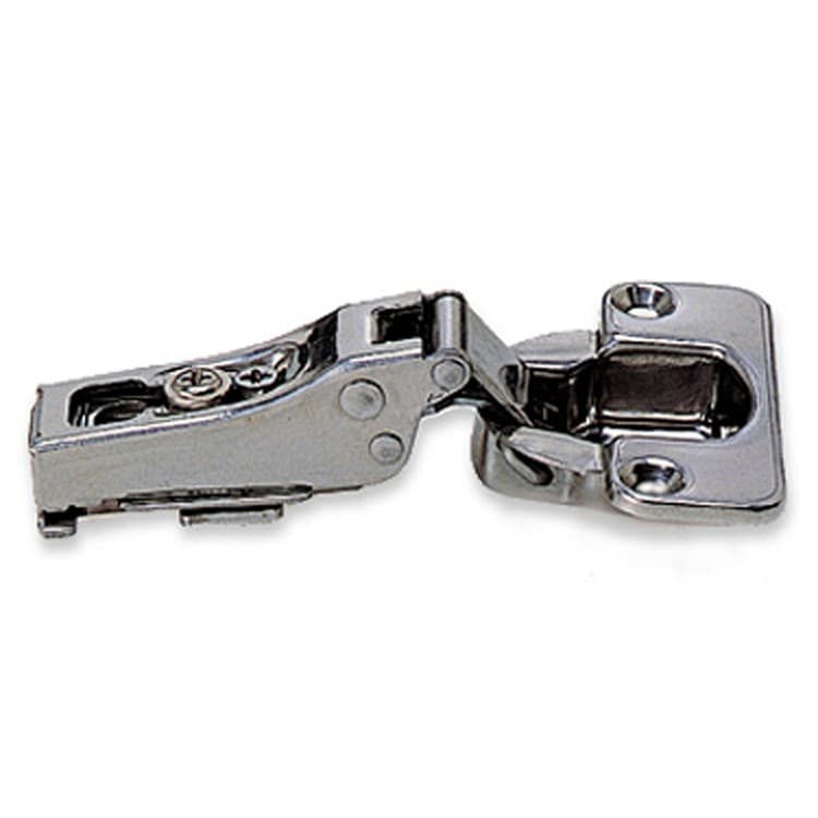 Lamp 100° Opening Standard Euro Hinge, 43mm Bore Pattern, Soft-Closing, Half Overlay, Nickel-Plated, Screw-On