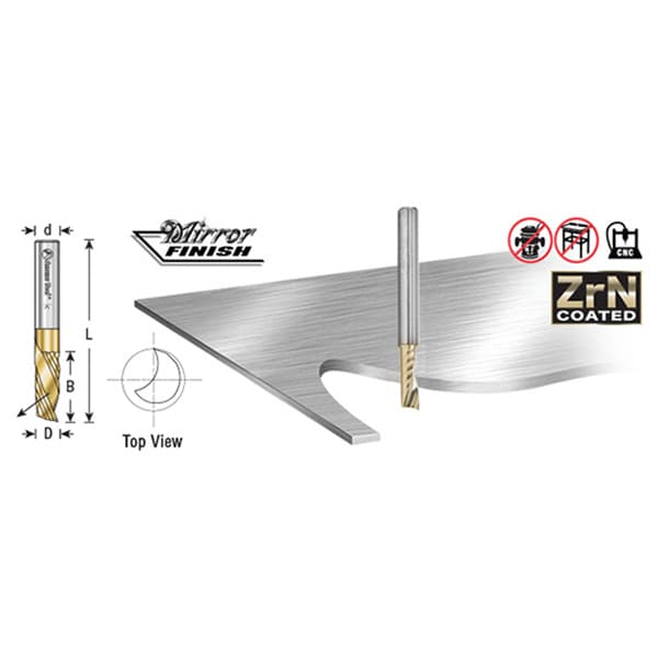 1/8" Dia x 5/16" Solid Carbide CNC Spiral 'O' Single Flute, Aluminum Cutting, 1/4" Shank, Down-Cut ZrN Coated Router Bit