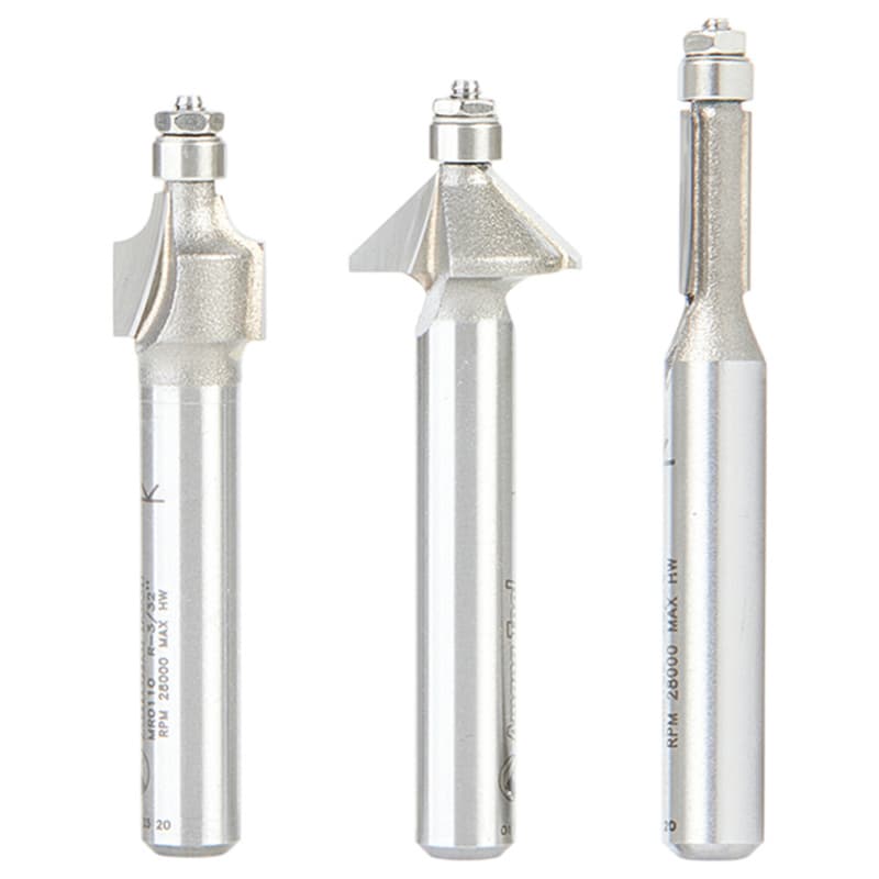 3-Piece Miniature Router Bit Pack with Mini 3/16" Diameter Lower Ball Bearing