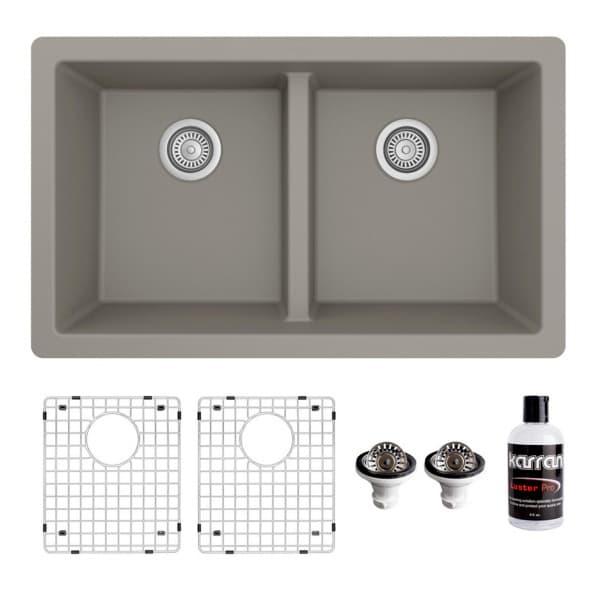 QU-810 Quartz Undermount Double Equal Bowl Kitchen Sink Kit, 32" x 19-1/2" x 9", Concrete