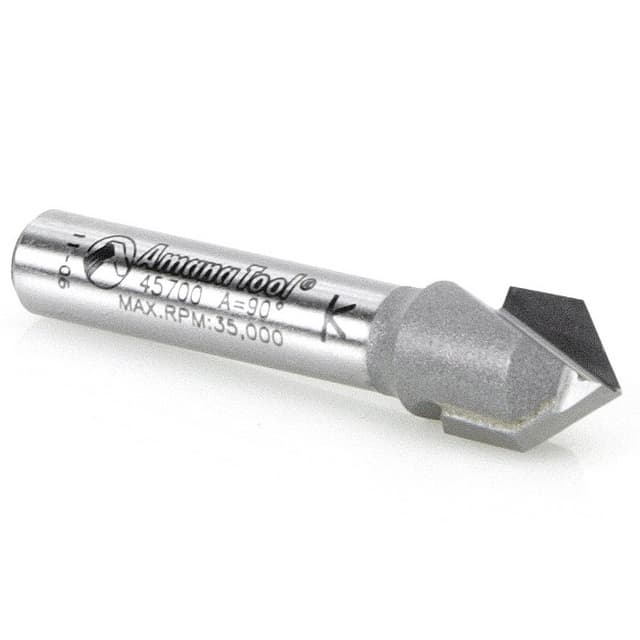 Amana Tool 45700 Carbide Tipped V-Groove 90 Deg x 3/8" Dia x 3/16" x 1/4" Shank Router Bit