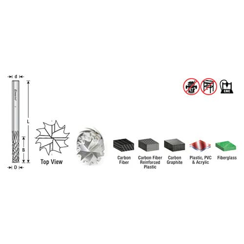 3/8" x 3-1/2" CNC Down-Cut Carbon Graphite/Fiber Panel Cutting Spiral Router Bit, 1-Flute, 3/8" Shank