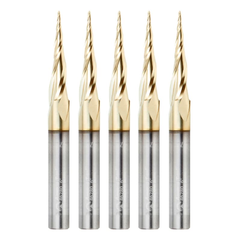 1/32" x 3" CNC 2D/3D Carving Tapered Ball Tip Up-Cut ZrN Coated Spiral Router Bit, 3-Flute, 1/4" Shank (5 Pack)