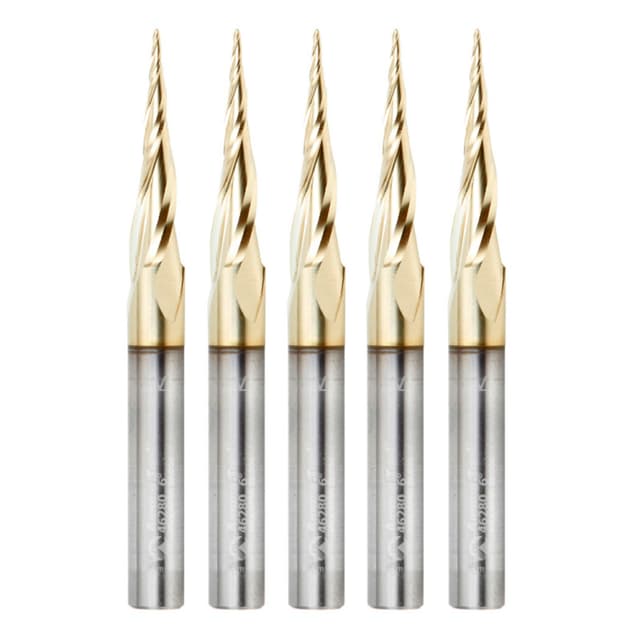 1/32" x 3" CNC 2D/3D Carving Tapered Ball Tip Up-Cut ZrN Coated Spiral Router Bit, 3-Flute, 1/4" Shank (5 Pack)