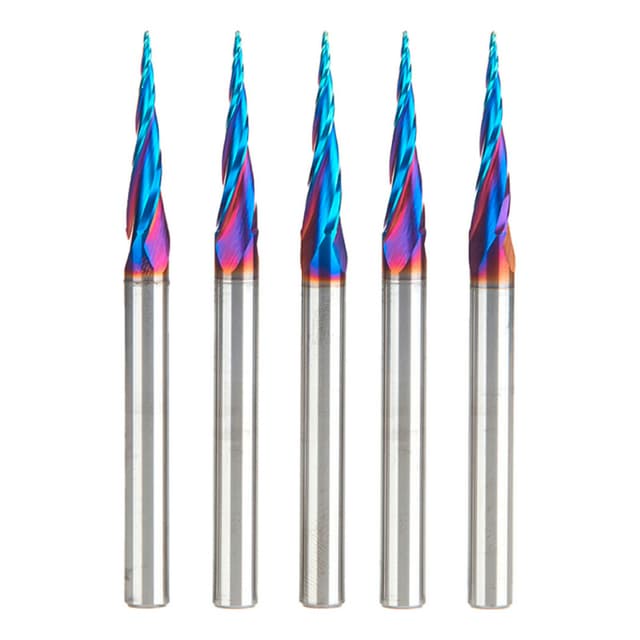 1/32" x 3" CNC 2D/3D Carving Tapered Ball Tip Up-Cut Spektra Spiral Router Bit, 3-Flute, 1/4" Shank (5 Pack)