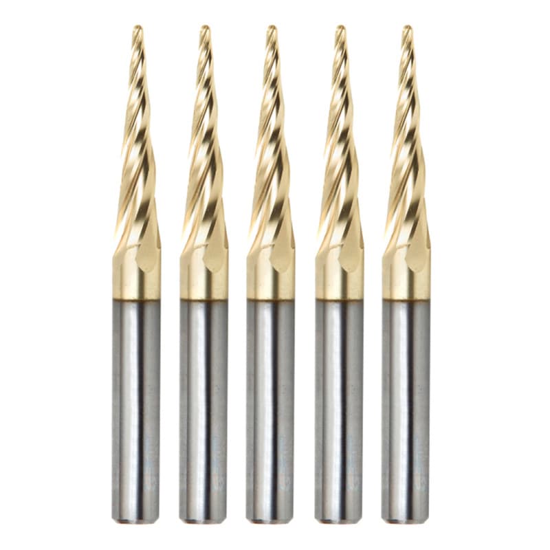 1/16" x 3" CNC 2D/3D Carving Tapered Ball Tip Up-Cut ZrN Coated Spiral Router Bit, 4-Flute, 1/4" Shank (5 Pack)