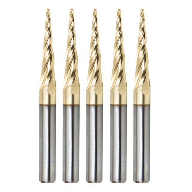 1/16" x 3" CNC 2D/3D Carving Tapered Ball Tip Up-Cut ZrN Coated Spiral Router Bit, 4-Flute, 1/4" Shank (5 Pack)
