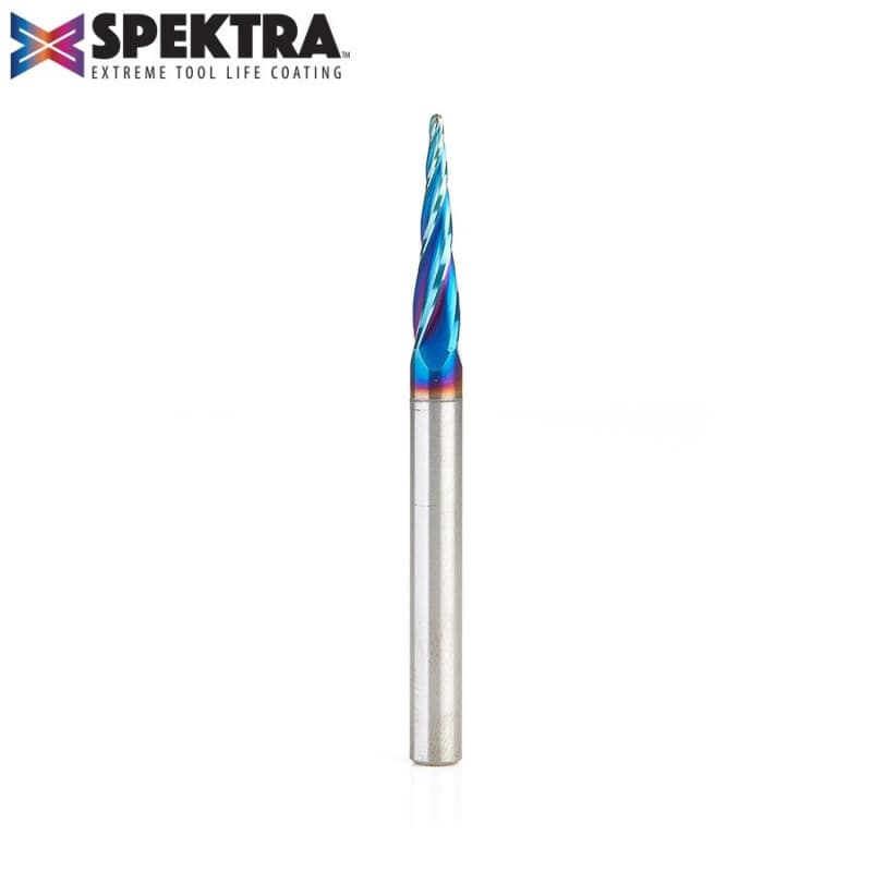 1/16" x 3" 2D/3D Carving Tapered Ball Tip Up-Cut Spektra Spiral Router Bit, 4-Flute, 1/4" Shank