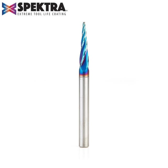 1/16" x 3" 2D/3D Carving Tapered Ball Tip Up-Cut Spektra Spiral Router Bit, 4-Flute, 1/4" Shank