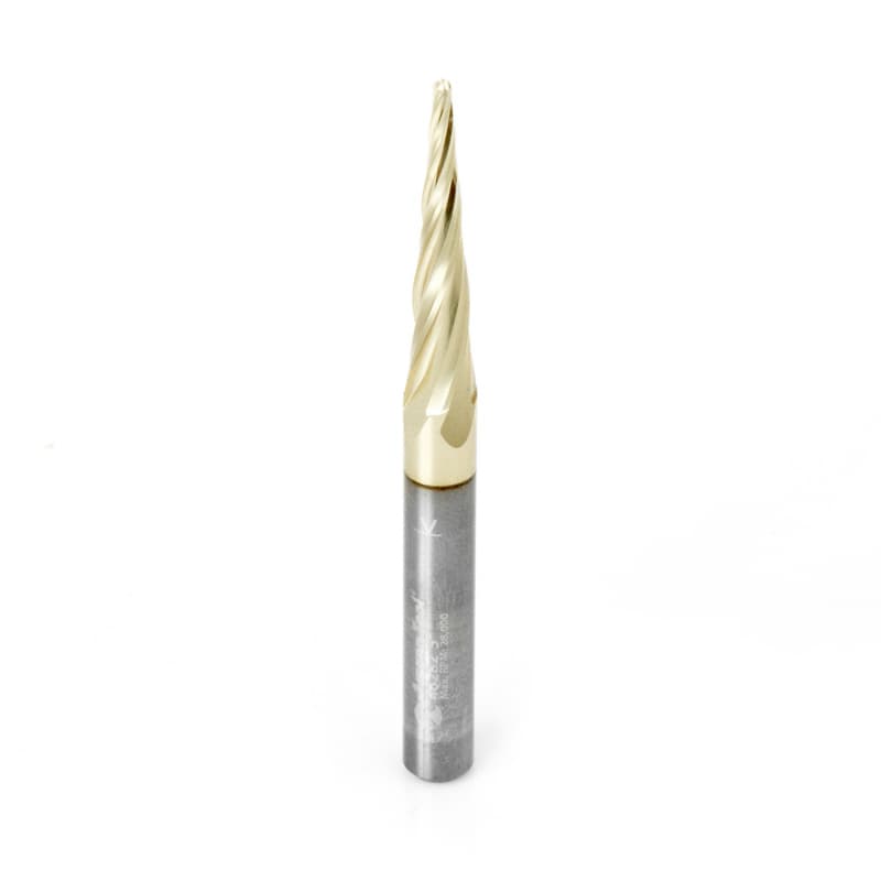 1/16" x 3" CNC 2D/3D Carving Tapered Ball Tip Up-Cut ZrN Coated Spiral Router Bit, 4-Flute, 1/4" Shank