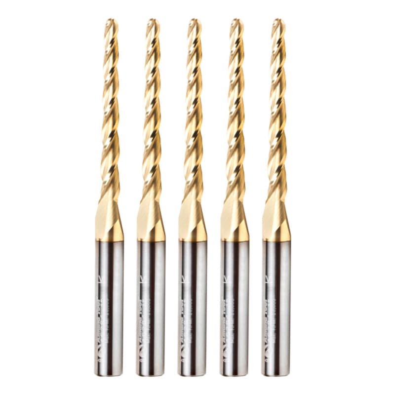 1/8" x 3" CNC 2D/3D Carving Tapered Ball Tip Up-Cut ZrN Coated Spiral Router Bit, 3-Flute, 1/4" Shank (5 Pack)