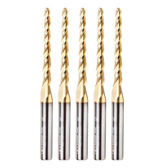 1/8" x 3" CNC 2D/3D Carving Tapered Ball Tip Up-Cut ZrN Coated Spiral Router Bit, 3-Flute, 1/4" Shank (5 Pack)