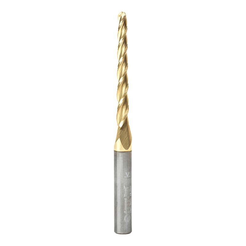 1/8" x 3" CNC 2D/3D Carving 1° Tapered Ball Tip Up-Cut ZrN Coated Spiral Router Bit, 3-Flute, 1/4" Shank